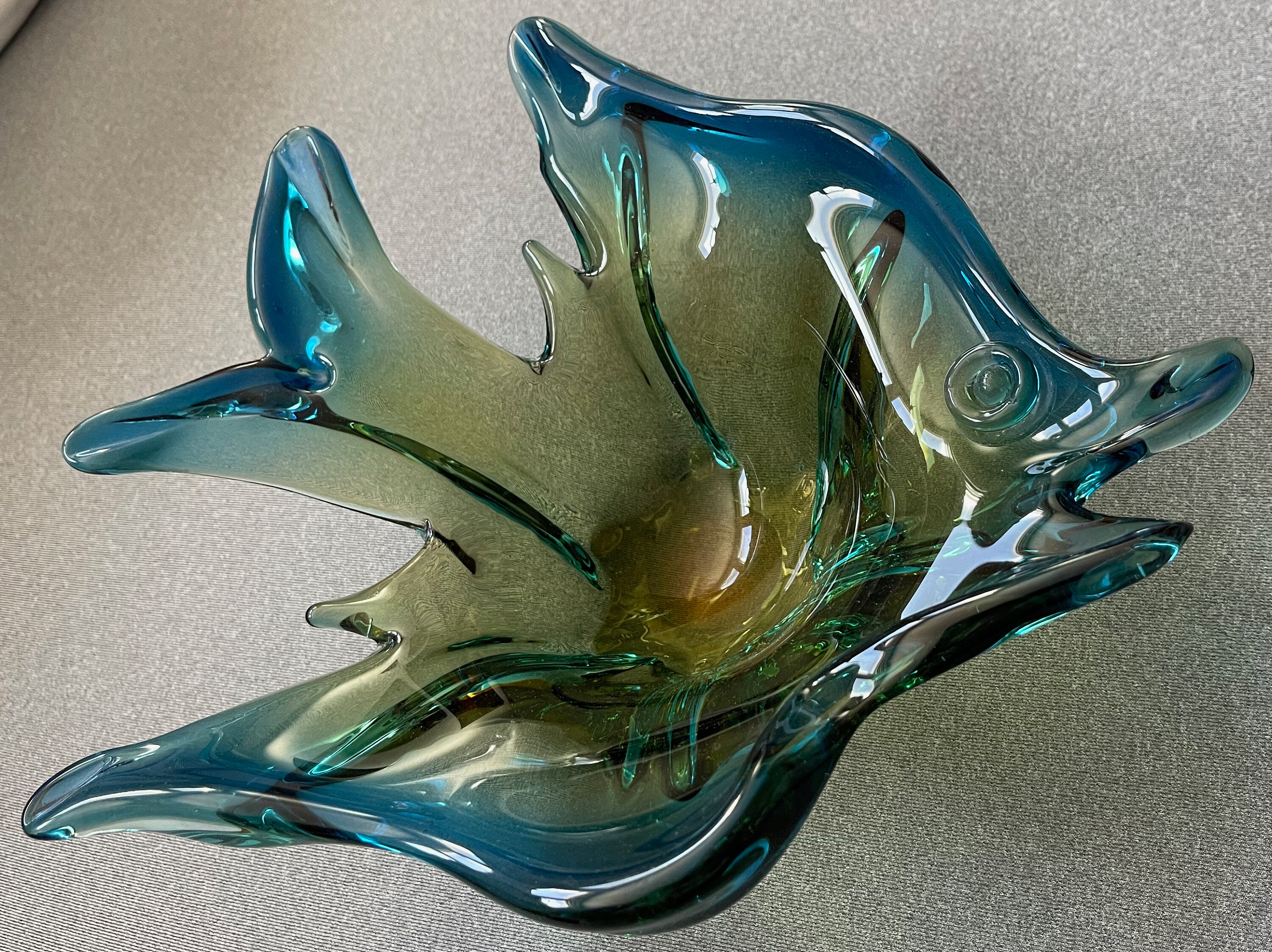 Vintage 60s Blue Green Blown Glass Decorative Fish Dish Bowl Mid