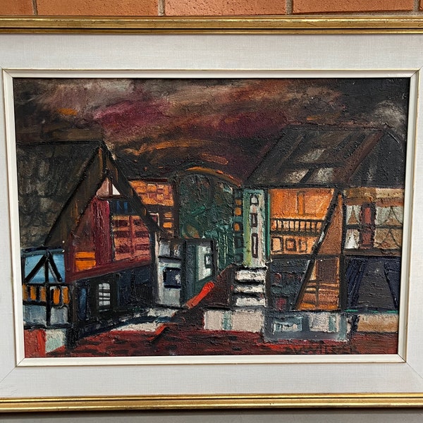 Vintage 60s Abstract Architectural Oil Painting Mid Century Modern Signed Wilder