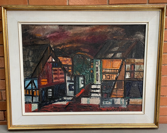 Vintage 60s Abstract Architectural Oil Painting Mid Century Modern Signed Wilder