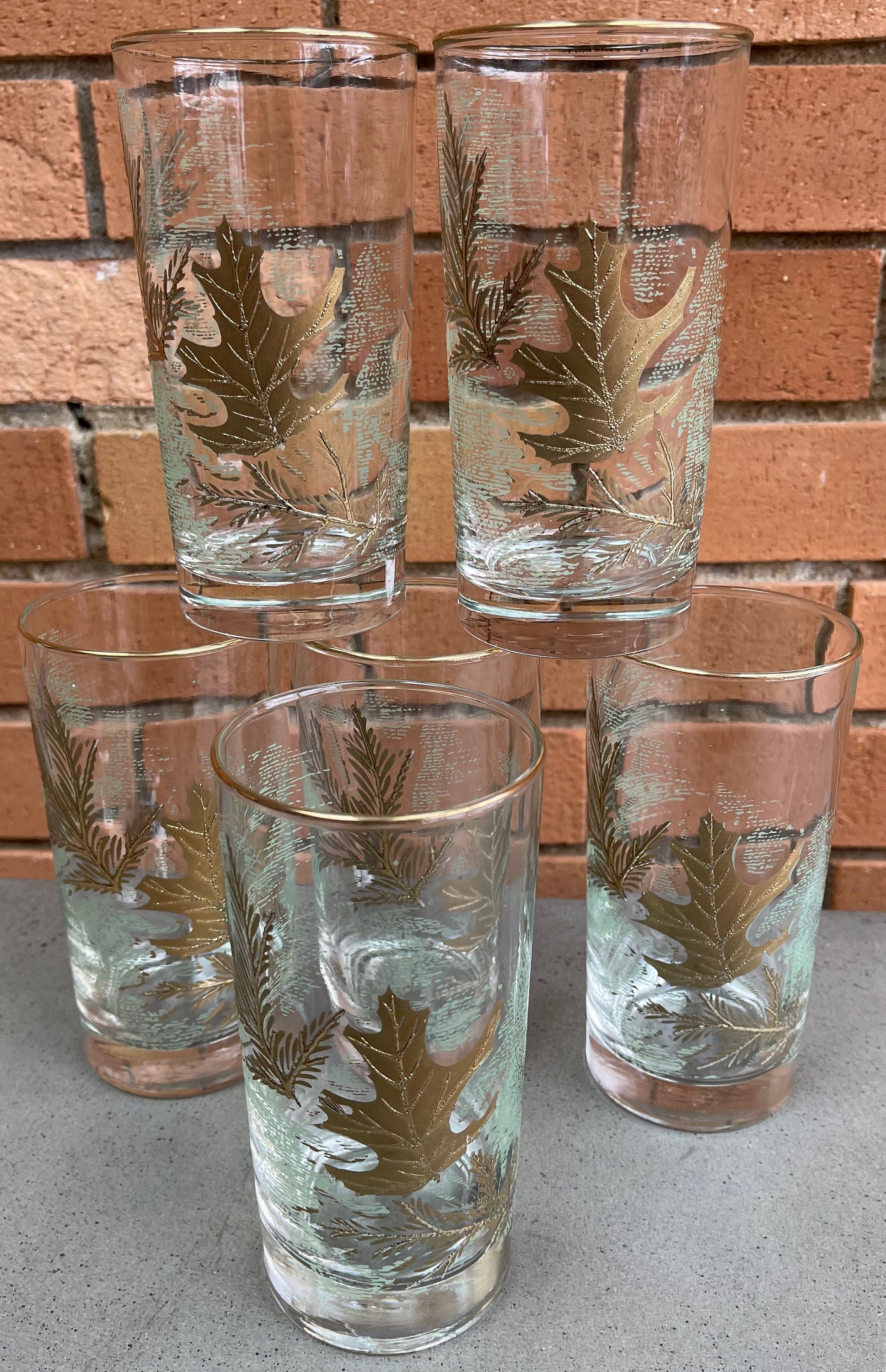 Set 6 Vintage LIbby Green Gold Oak Leaf Tumblers Glasses Mid Century