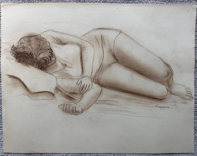 Vintage Woman Posing Charcoal Drawings Illustration Modern Art Signed Higgins 19
