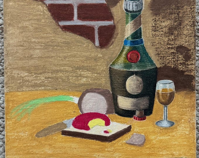 Vintage 70s Still Life Oil Painting Bottle Food Modern Art Wall Hanging Dudeck