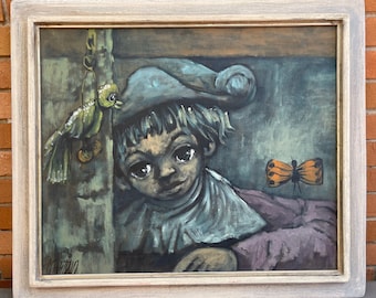 Rare Vintage 60s Big Sad Eyes Painting Mid Century Modern Wall Hanging Framed Signed Keane Style