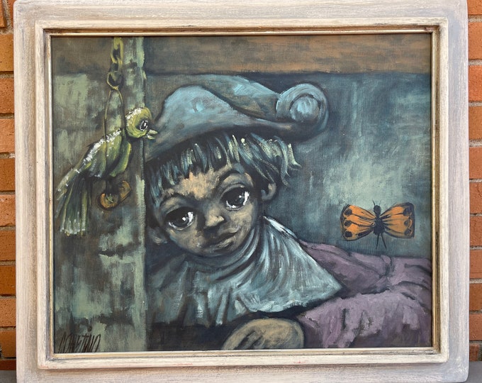 Rare Vintage 60s Big Sad Eyes Painting Mid Century Modern Wall Hanging Framed Signed Keane Style