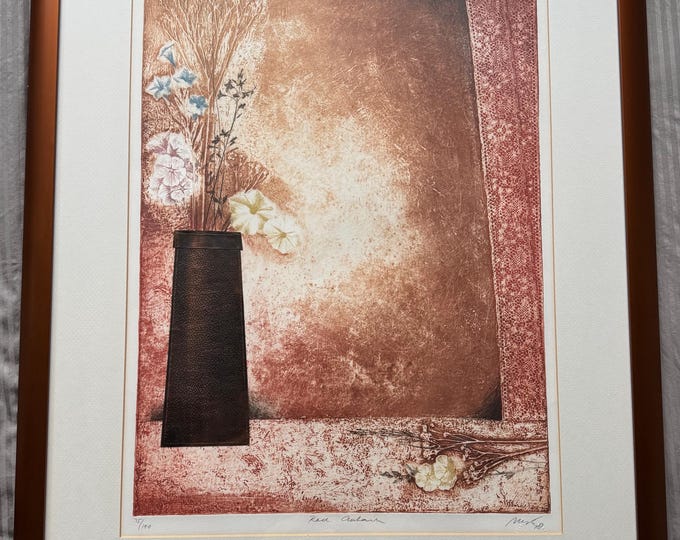 Vintage 80s Etching Still Life Print Framed Signed Matted "Red Curtain" Modern Art
