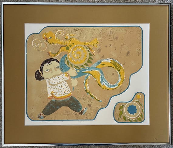 Vintage 60s Girl Dragon Kite Serigraph Wall Hanging Mid Century Modern Signed Cragin
