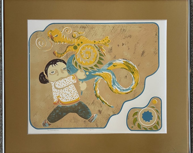 Vintage 60s Girl Dragon Kite Serigraph Wall Hanging Mid Century Modern Signed Cragin