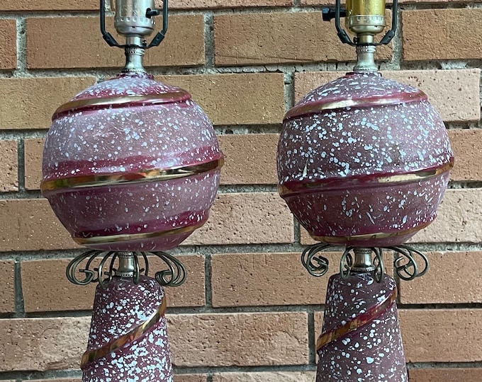 Super Pair Vintage 1950s Atomic Era Pink Gold Table Lamps Mid Century Modern Lighting