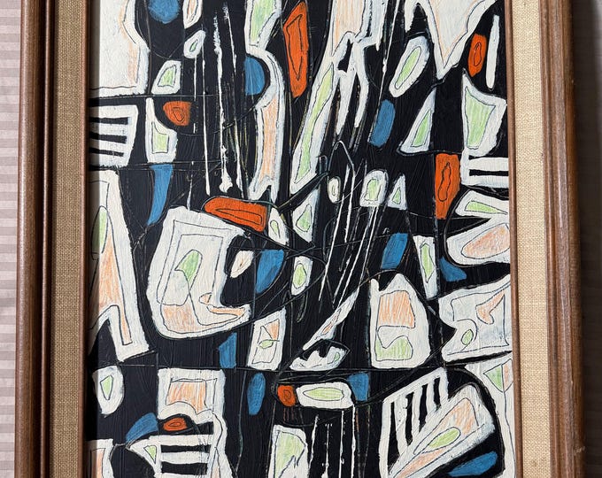 Vintage Abstract Shapes Oil Painting Mid Century MCM Modern Framed Signed Heigh