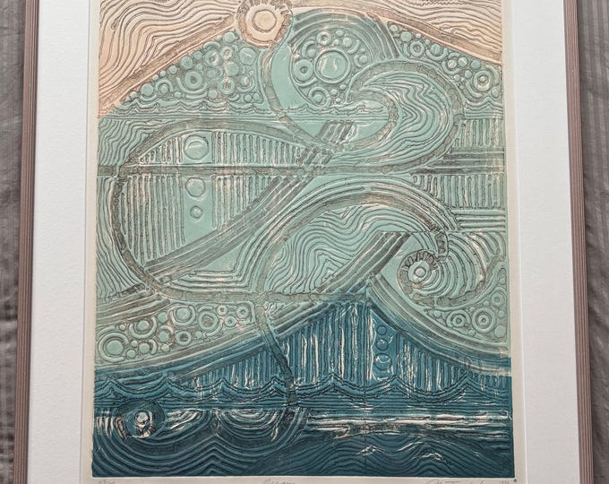 Vintage 70s M. Tomchuk Embossed Collagraph Print Modern Art Signed Framed Matted