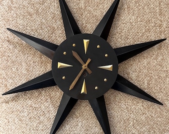 Vintage MCM Black Plastic Starburst Wall Clock Mid Century Modern 50s 60s FOR PARTS