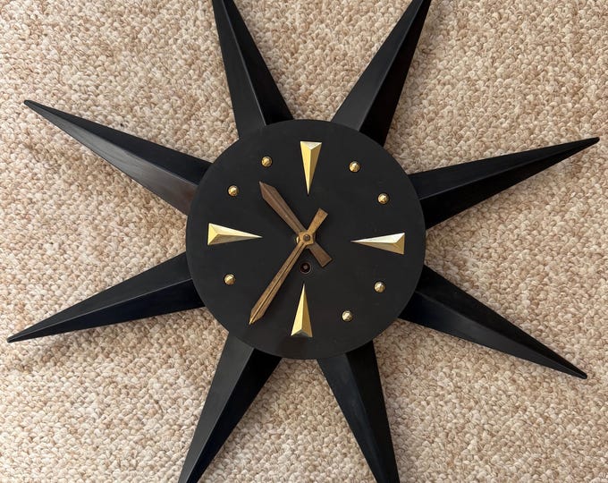 Vintage MCM Black Plastic Starburst Wall Clock Mid Century Modern 50s 60s FOR PARTS