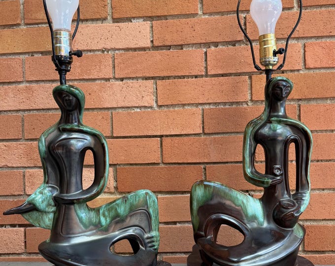 RARE Pair Vintage MCM Abstract Figural Ceramic Lamps Mid Century Lighting Modern 50s 60s