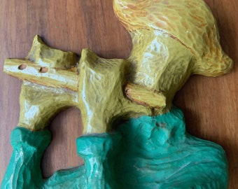 Fun Vintage 1950s Harlequin Jester Piccolo Player Musician Wall Hanging Mid Century Modern Signed J. Segura Chalkware Wood