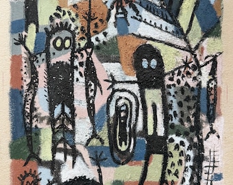 Vintage Abstract Figural Gouache Painting Petroglyph Mid Century Modern Signed Thomas