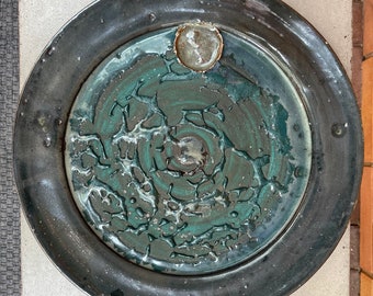 Handmade Round Vintage Teal Studio Pottery Ceramic Stoneware Decorative Plate Modern 80s