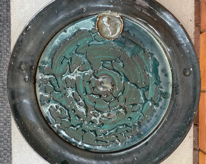 Handmade Round Vintage Teal Studio Pottery Ceramic Stoneware Decorative Plate Modern 80s