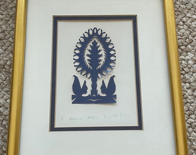 Small Vintage 80s Scherenschnitte Paper Art Hens Wall Hanging Signed Framed Brother Martin de Porres Cuypers