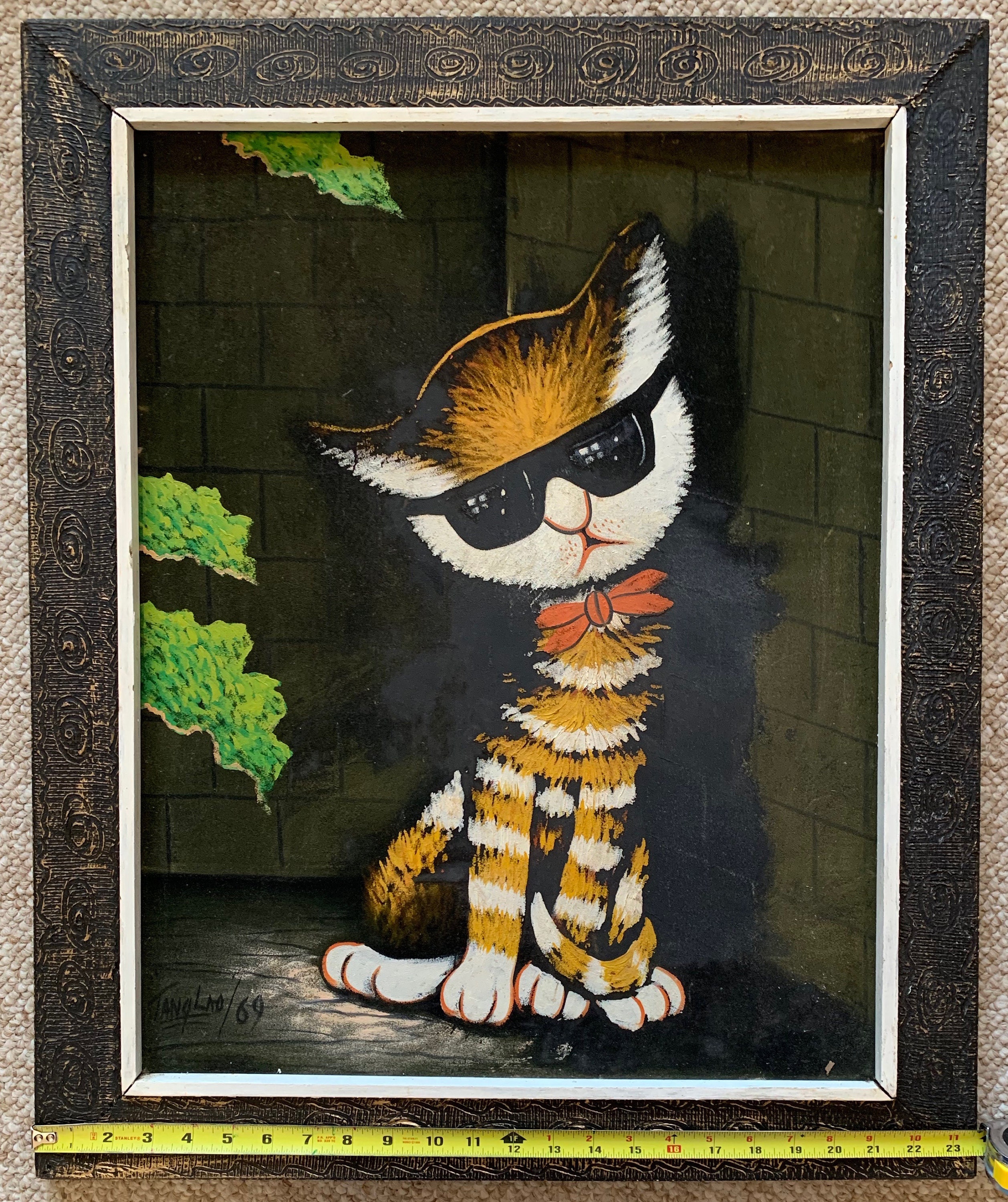 Vintage 60s Tanglao Cool Cat Velvet Painting Mid Century Modern Wall Hanging AsIs