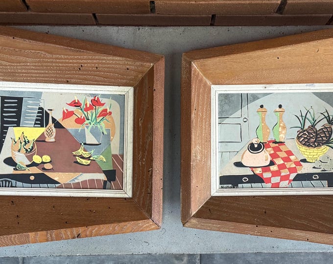 Vintage MCM Paintings Forced Perspective Wood Frames Mid Century MCM Signed 50s