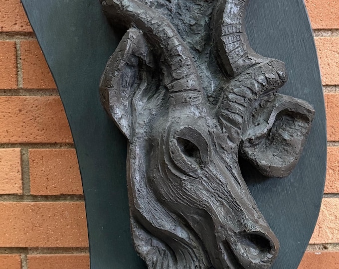 Vintage MCM Goat Head Carved Wood Wall Hanging Mid Century Modern Art Object 50s