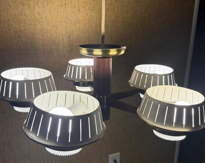 Vintage MCM 60s IMPERIALITE 5-Arm Ceiling Fixture Lighting Lamp Mid Century Modern Wood Brass Metal Glass