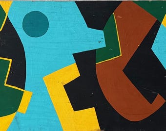 Vintage Abstract Shapes Painting Wood Panel Mid Century Art Modernism MCM