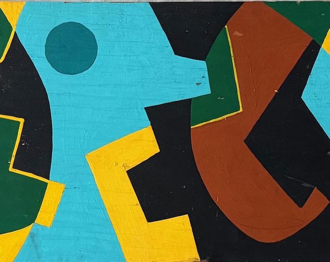 Vintage Abstract Shapes Painting Wood Panel Mid Century Art Modernism MCM