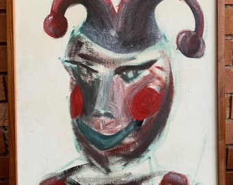 Vintage 60s Jester Portrait Oil Painting Mid Century Modern Wall Hanging Signed