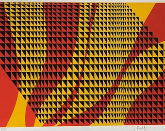 Vintage Red Black Yellow Op Art Screen Print Modern Wall Hanging Signed Field