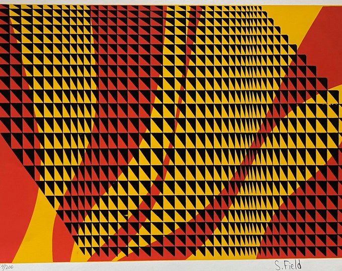 Vintage Red Black Yellow Op Art Screen Print Modern Wall Hanging Signed Field