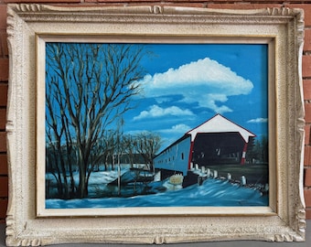 Pintura al óleo de paisaje invernal vintage de los años 70, arte moderno, enmarcada, firmada y para colgar en la pared