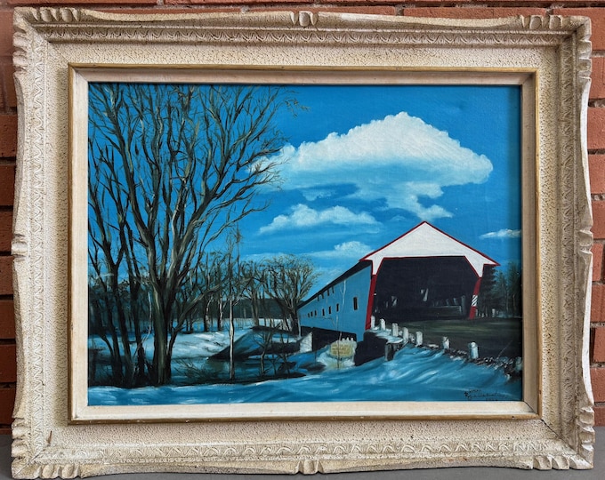 Vintage 70s Winter Landscape Oil Painting Modern Art Framed Signed Wall Hanging