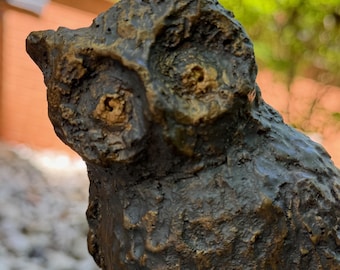 Vintage Brutalist Owl Resin Sculpture Wood Base Signed Vandira 1970s Modern Art