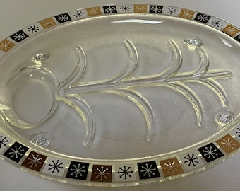 Vintage 60s Inland Glass Serving Dish Tray Platter Mid Century Modern Atomic Pattern Gray Black White Gold