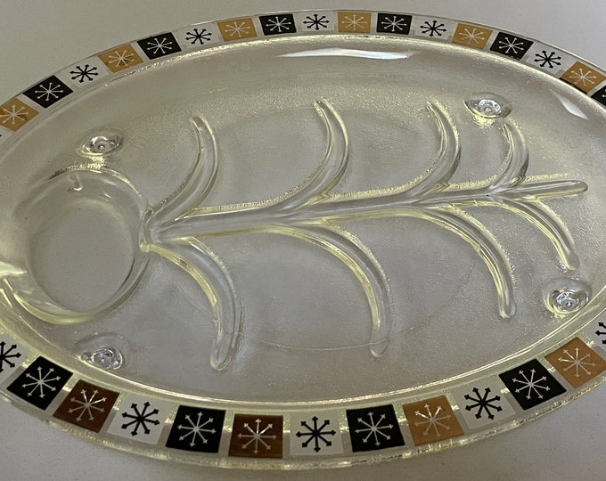 Vintage 60s Inland Glass Serving Dish Tray Platter Mid Century Modern Atomic Pattern Gray Black White Gold
