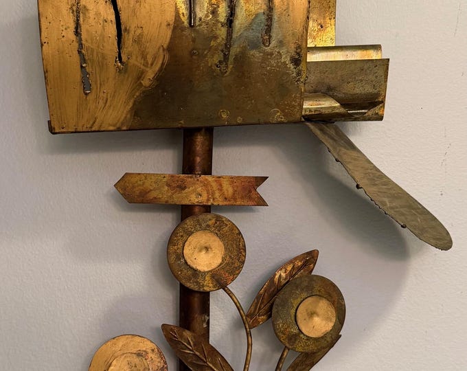Vintage 1970s Sculptural Metal Wall Hanging Rooster Flowers Mailbox Modern Art