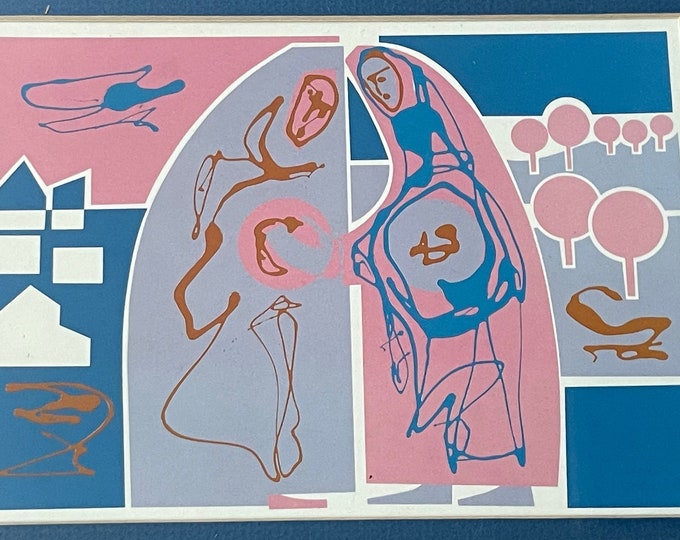Vintage Abstract Pink Blue Figural Serigraph Print Modern Art Mid Century Modern 60s 70s Mystery Artist