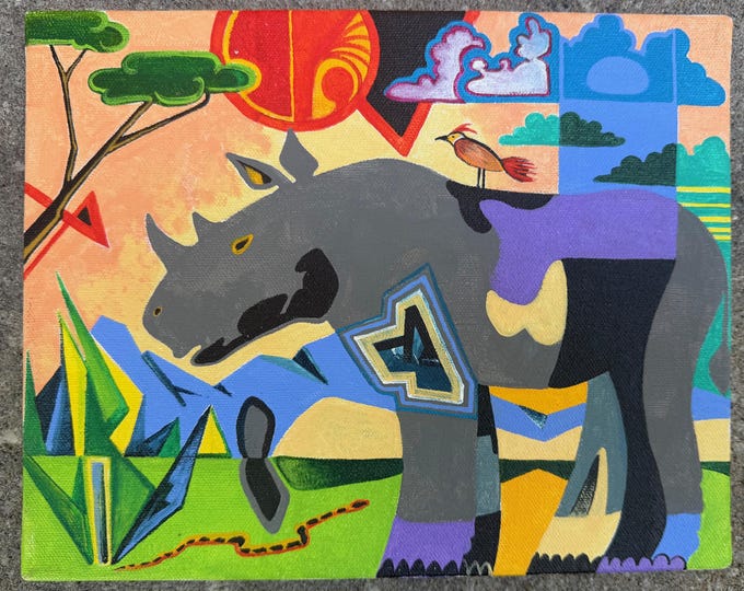 Vintage Abstract Animals Landscape Canvas Painting Multi-Color Modern Art Wall Hanging Timothy Long 70s (12)