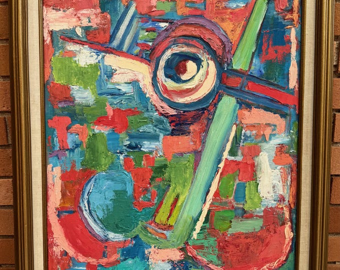 Vintage MCM Abstract Oil Painting Modern Art Wall Hanging Signed Asher 70s