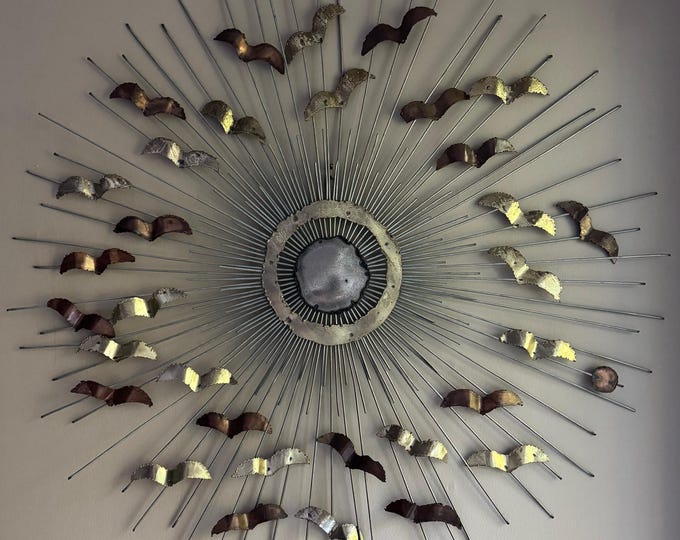 Vintage MCM Brutalist Torch Cut Sunburst Birds Wall Hanging Modern Art 1970s