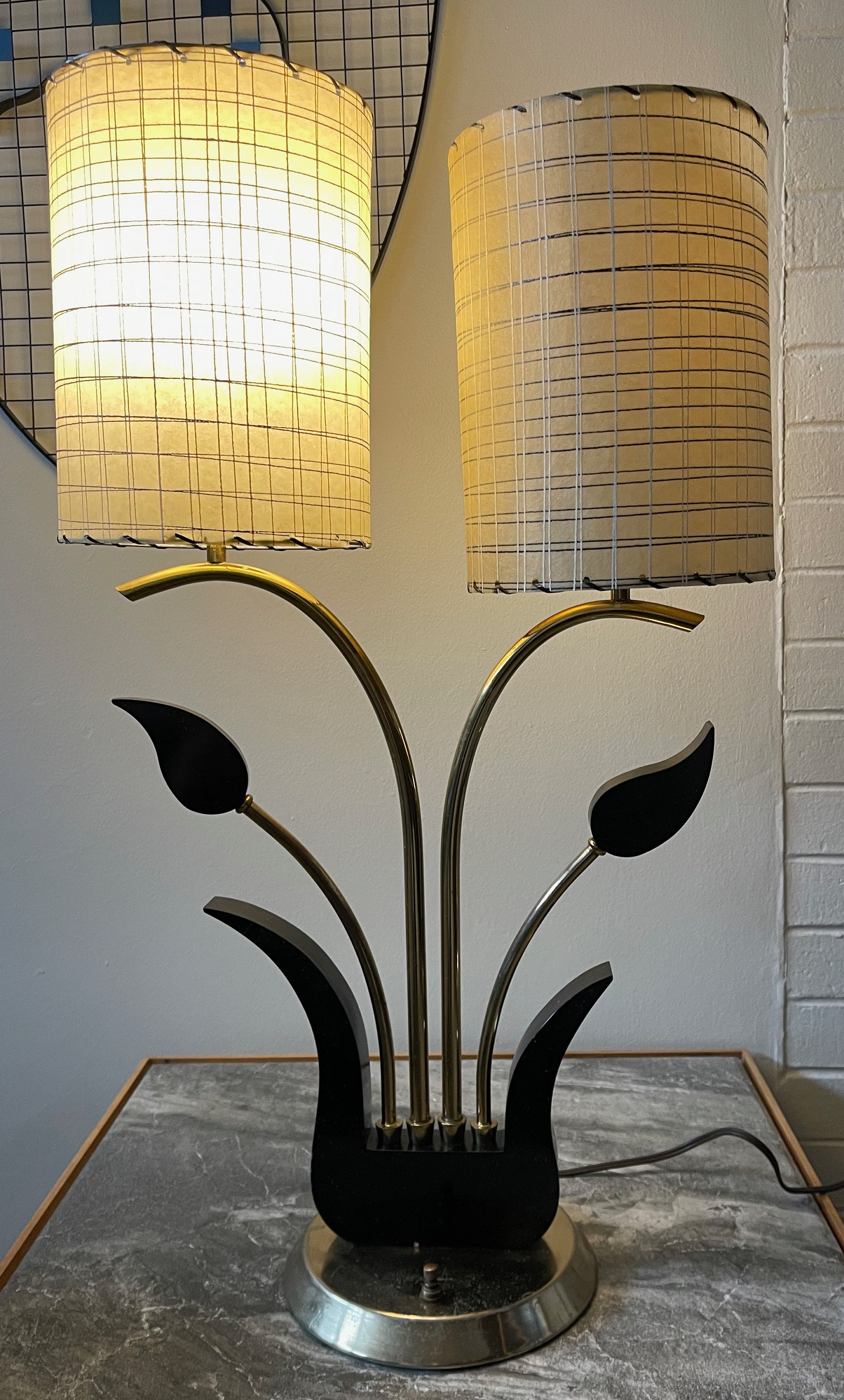 Vintage 50s 60s Brass Wood Floral Lamp Fiberglass Shades