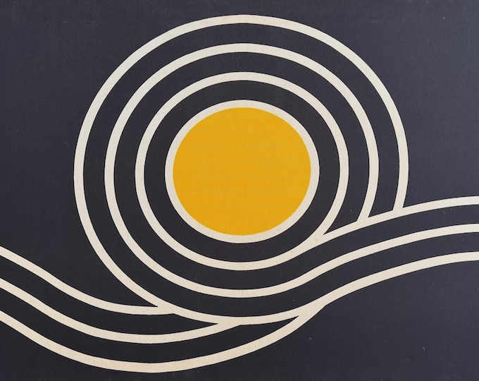 Vintage 70s Saturn Back Yellow White Abstract Textile Art Modern Wall Hanging