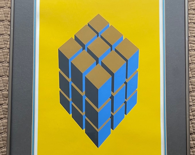 Vintage Geometric Op Art Cube Screen Print Modern Art Wall Hanging Hernandez -