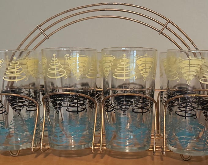Vintage 50s Atomic Chrismas Tree Glasses Pitcher Caddy Mid Century MCM Drinkware