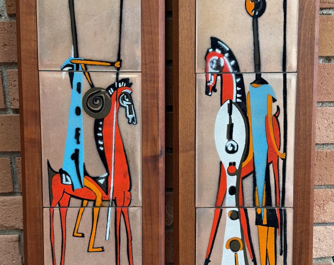 Vintage MCM Abstract Enamel Warrior Plaques  Mid Century Modern 60s Judith Daner Style