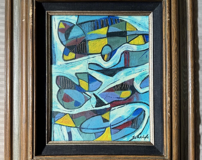 Vintage Abstract Shapes Oil Painting Mid Century MCM Modern Framed Signed Heigh
