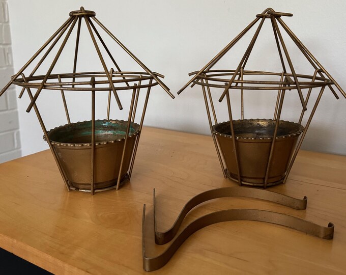 Vintage MCM Wire Metal Planters Wall Hanging Atomic Era Mid Century Modern 1950s