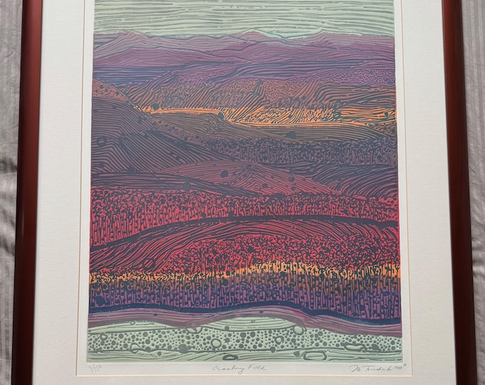 Vintage 80s M. Tomchuk Embossed Collagraph Print Modern Art Signed Framed Matted Cranberry Field