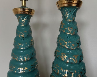 Vintage MCM Ceramic Lamps Turquoise Gold Spiral Mid Century Modern Lighting 50s